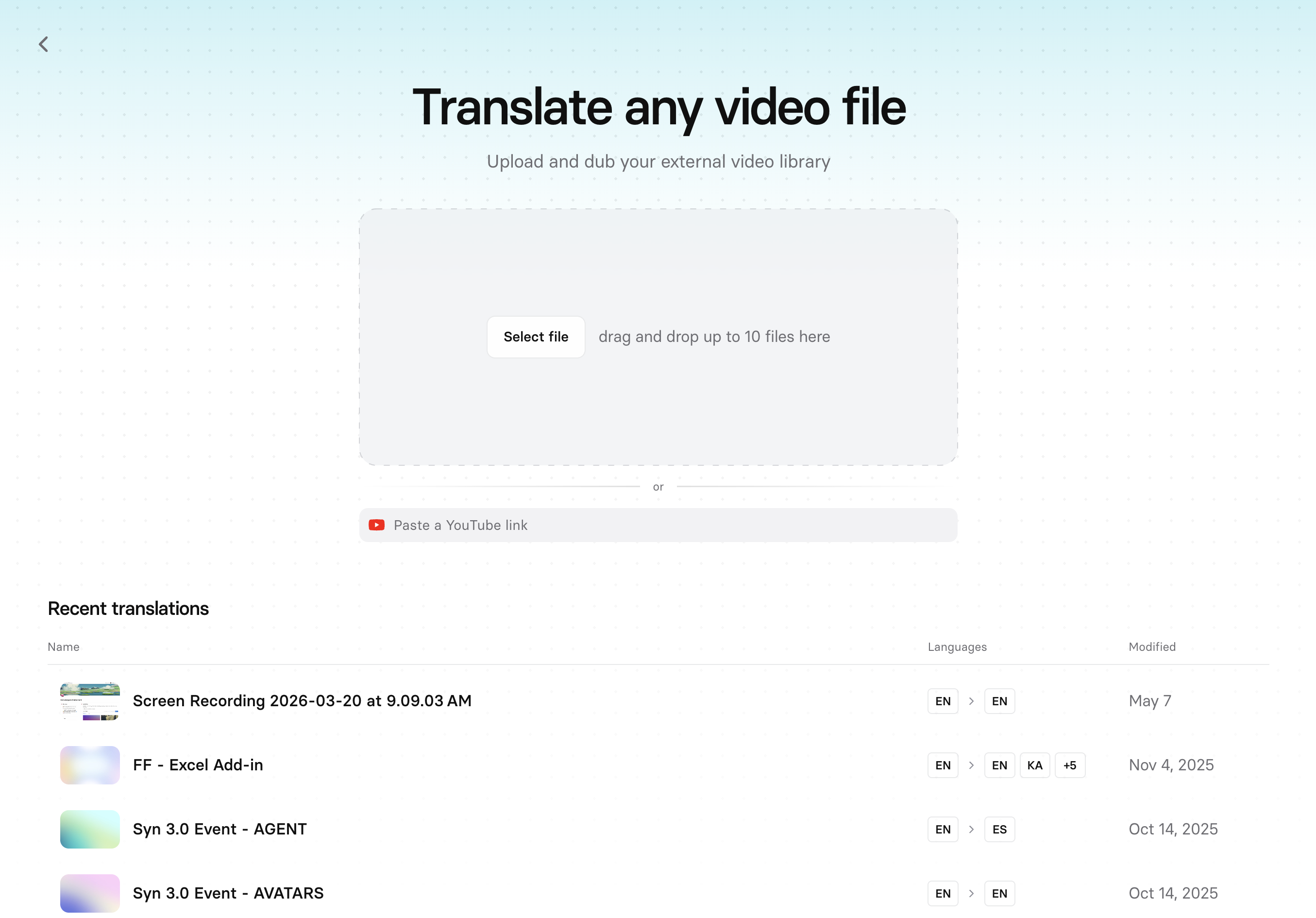 The Dubbing page showing recently dubbed videos