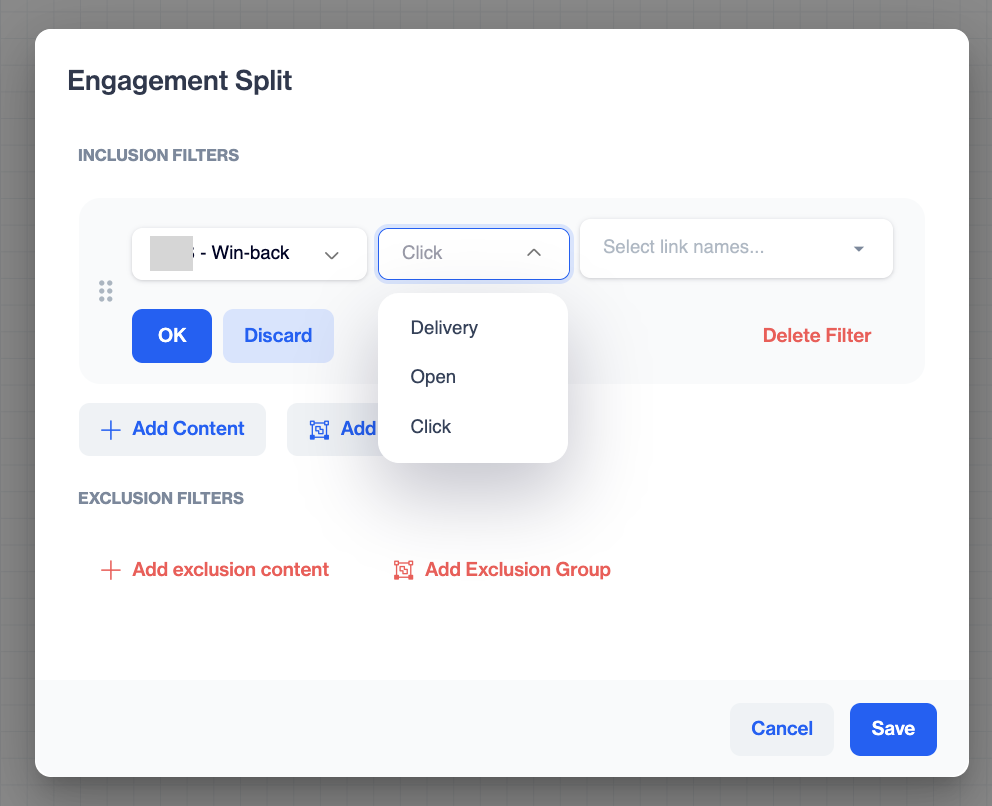 The Event dropdown of an Engagement Split filter listing Delivery, Open and Click for an email content.