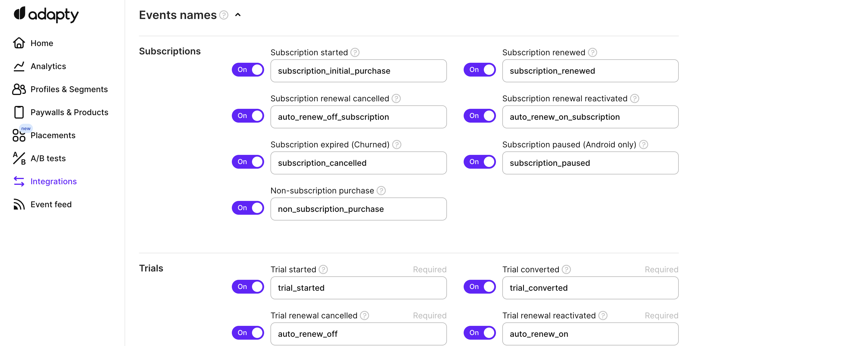 Subscriptions, trials, issues events in Adapty integration interface