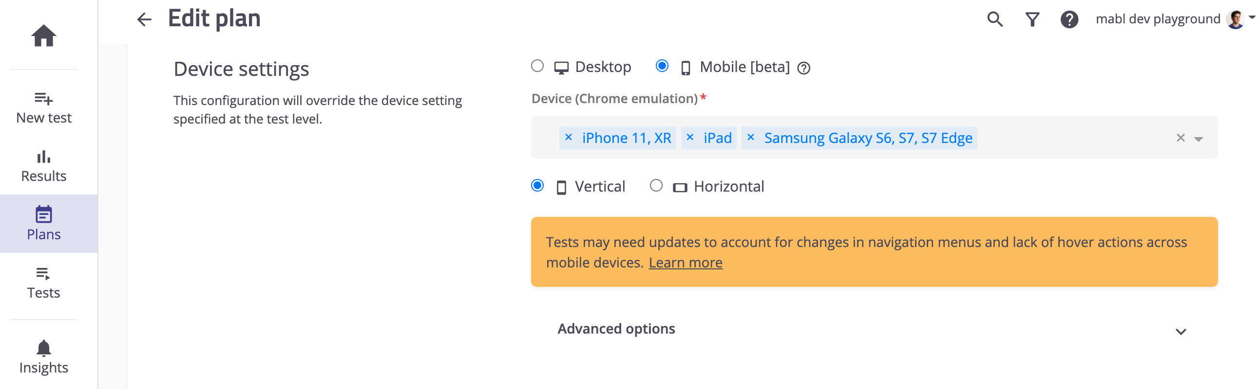 Configuring mobile device settings for a plan.