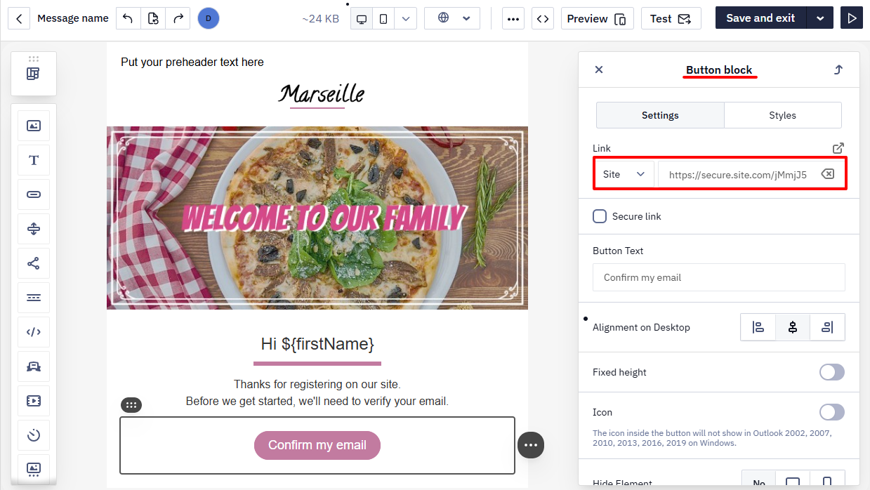 Link field in the email editor with custom UTM-tagged URL