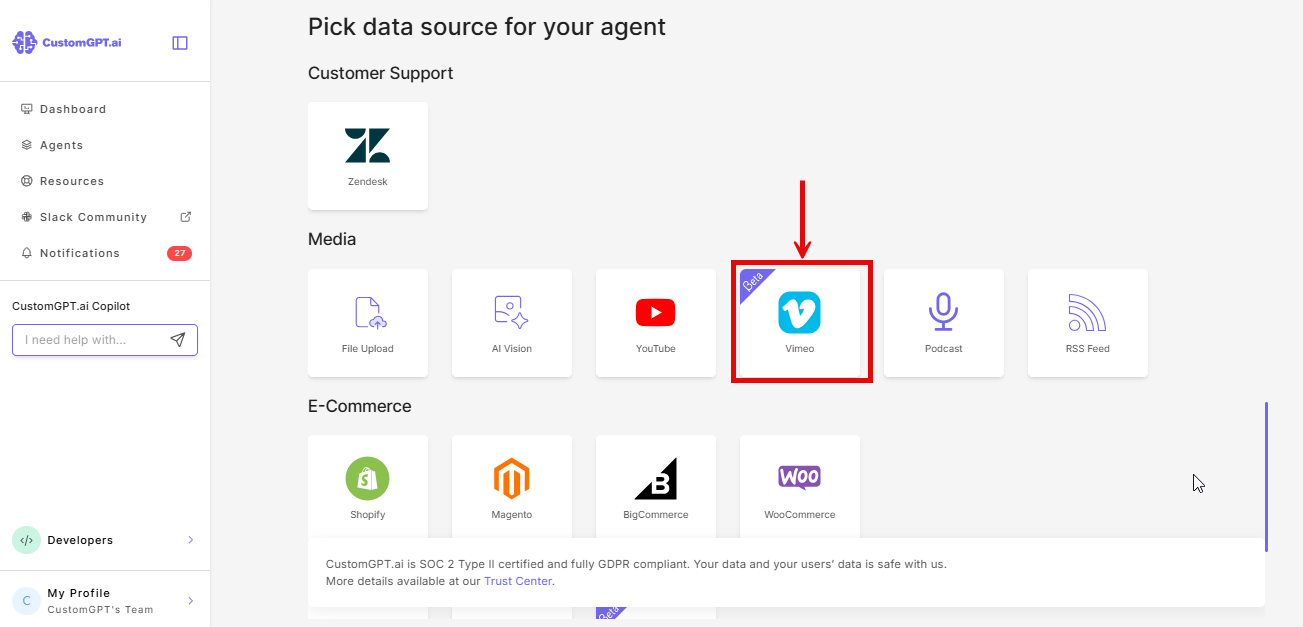 Vimeo card in the Media section of data sources page