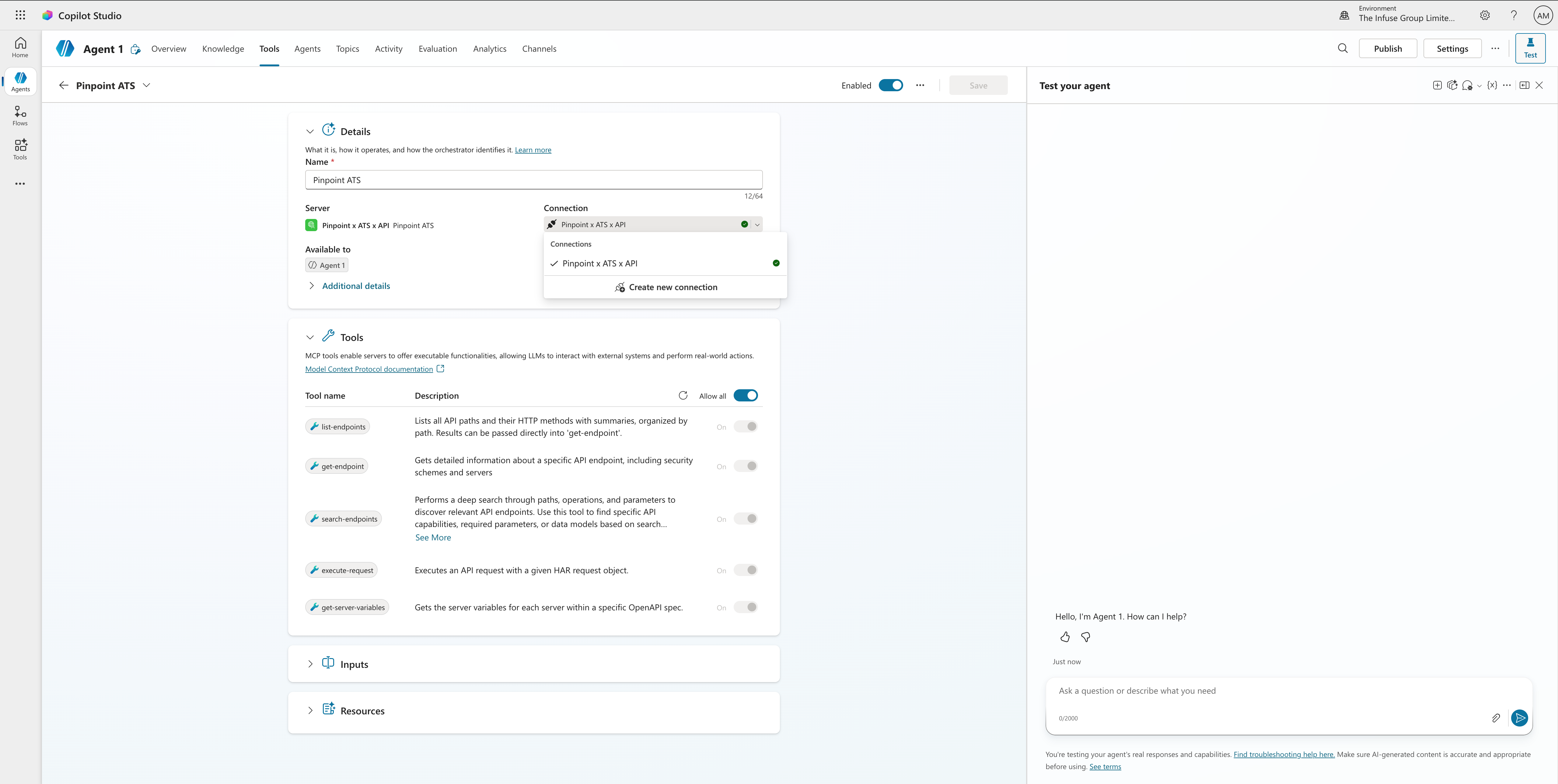 Step 12 – Agent Tools tab showing Pinpoint ATS tool listed