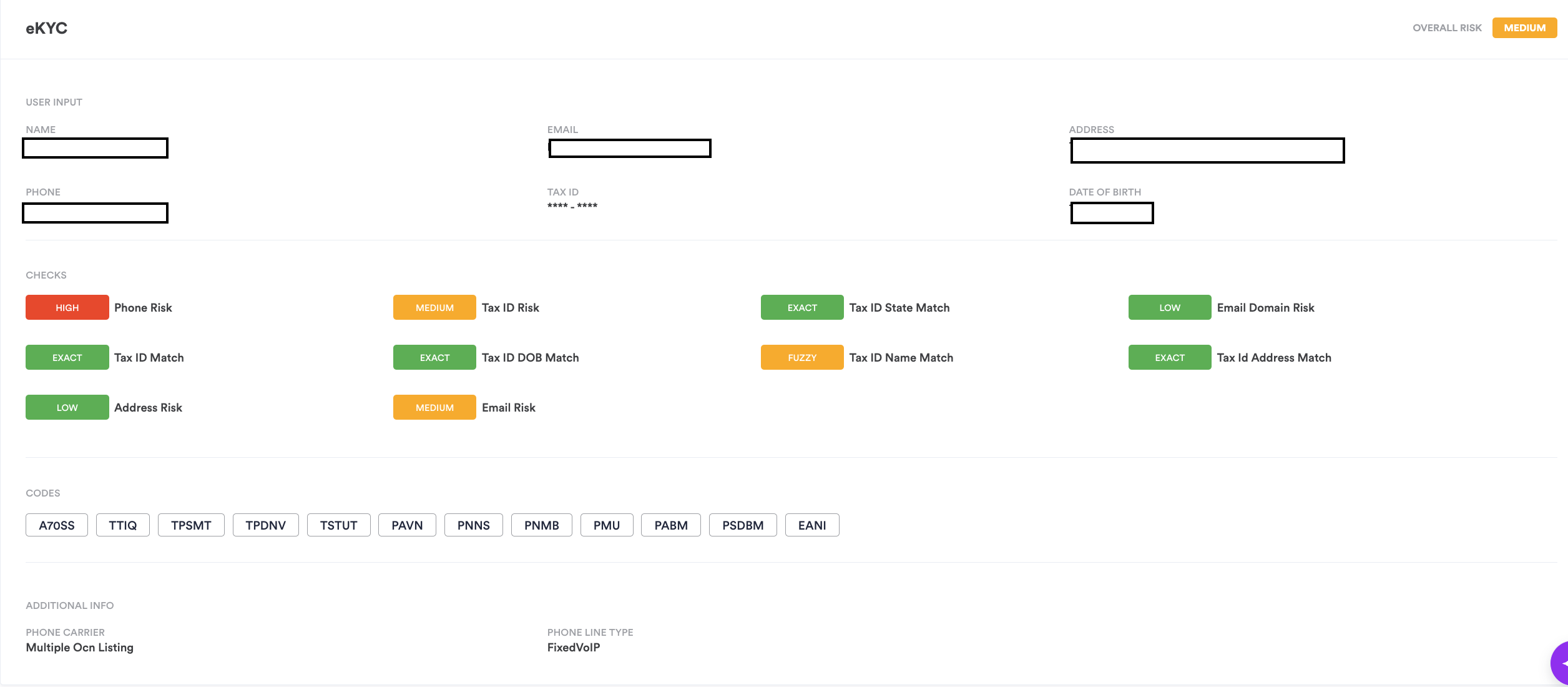 eKYC single session dashboard result