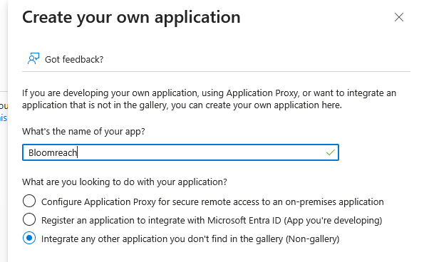 Create application dialog with a custom name and Non-gallery option selected.