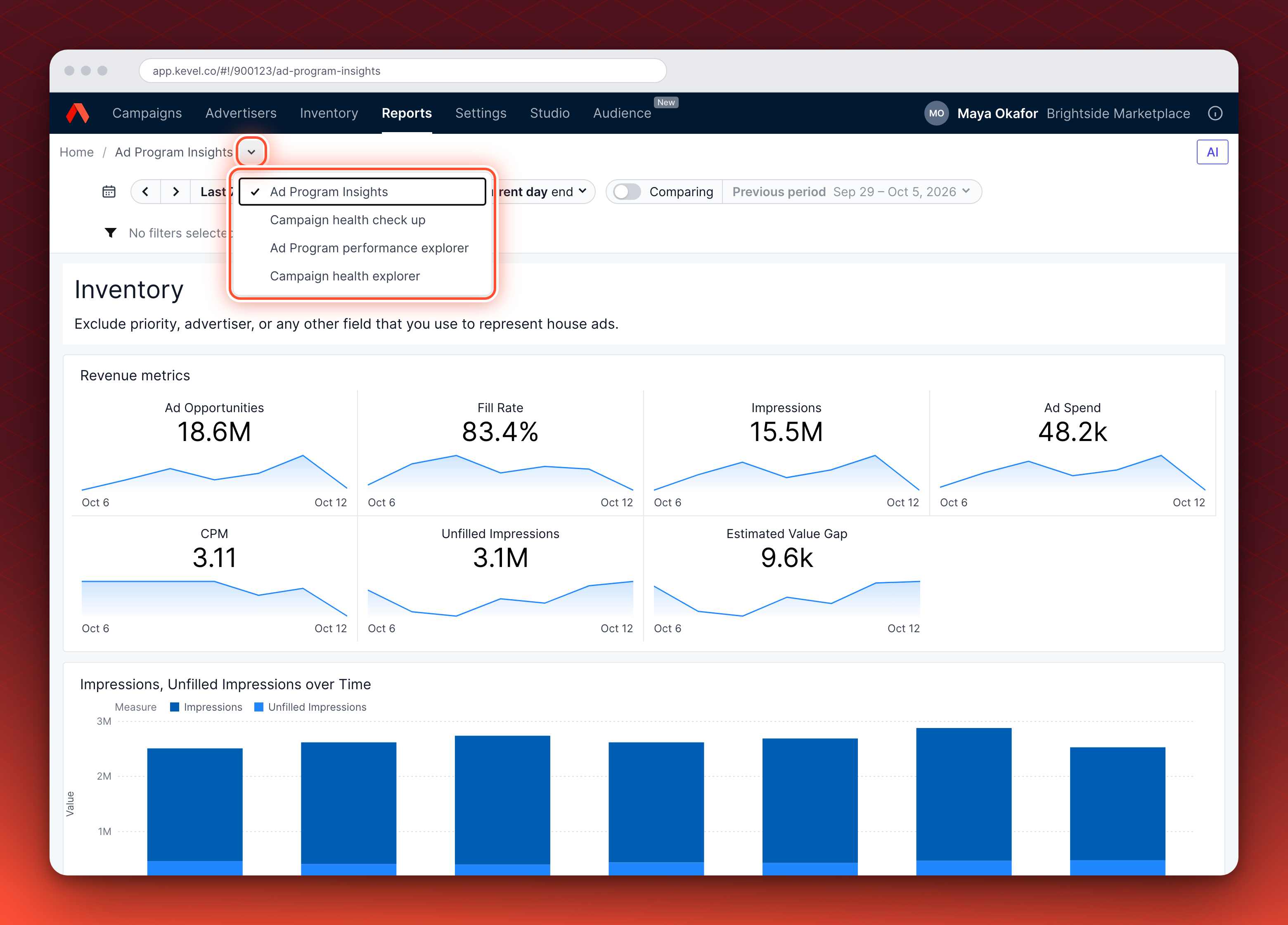 The breadcrumb switcher open under Home / Ad Program Insights, listing four dashboards: Ad Program Insights with a check mark, Campaign health check up, Ad Program performance explorer and Campaign health explorer.