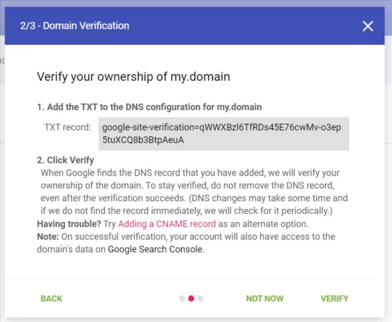Google Postmaster Tools domain verification setup with a DNS record for domain ownership