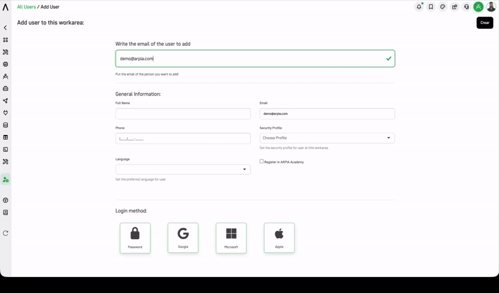 Add User form for a new ARPIA user