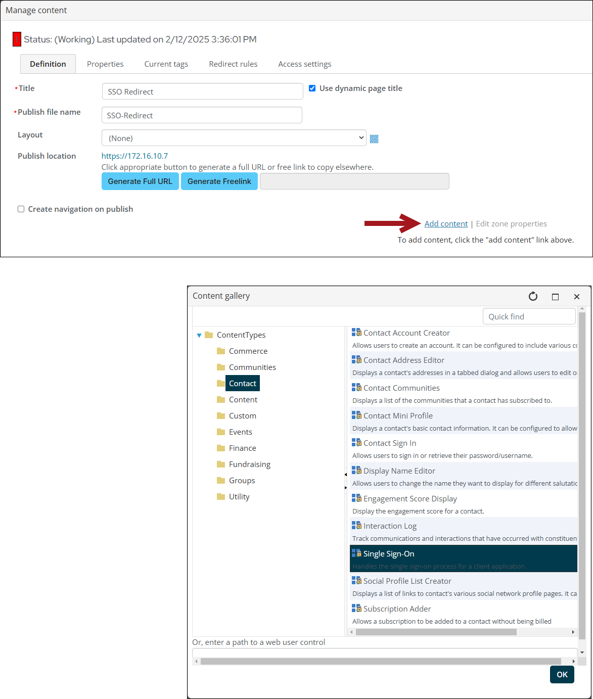 Adding the Single Sign-On content item