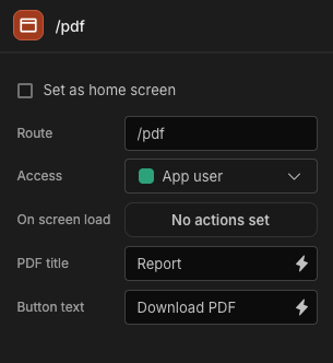 Screenshot showing the new pdf title and button fields in the screens settings area.
