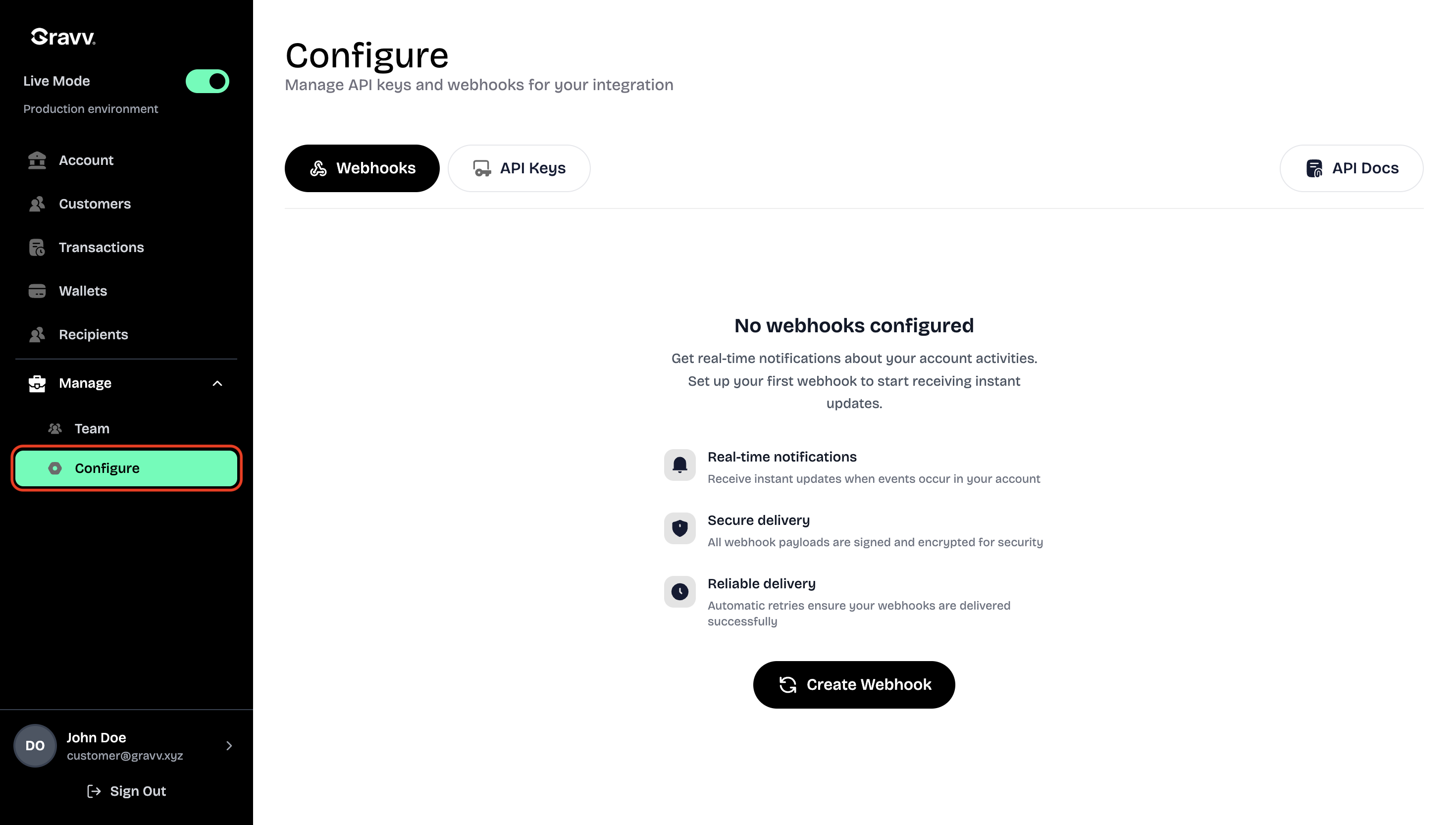 Gravv dashboard with the Configure button highlighted under the Manage section.