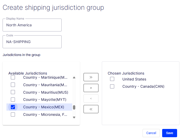 Create Shipping Jurisdiction Group form with Display Name, Code, and dual-list jurisdiction selector