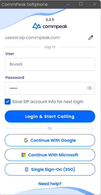 Screenshot with the Softphone SSO login options