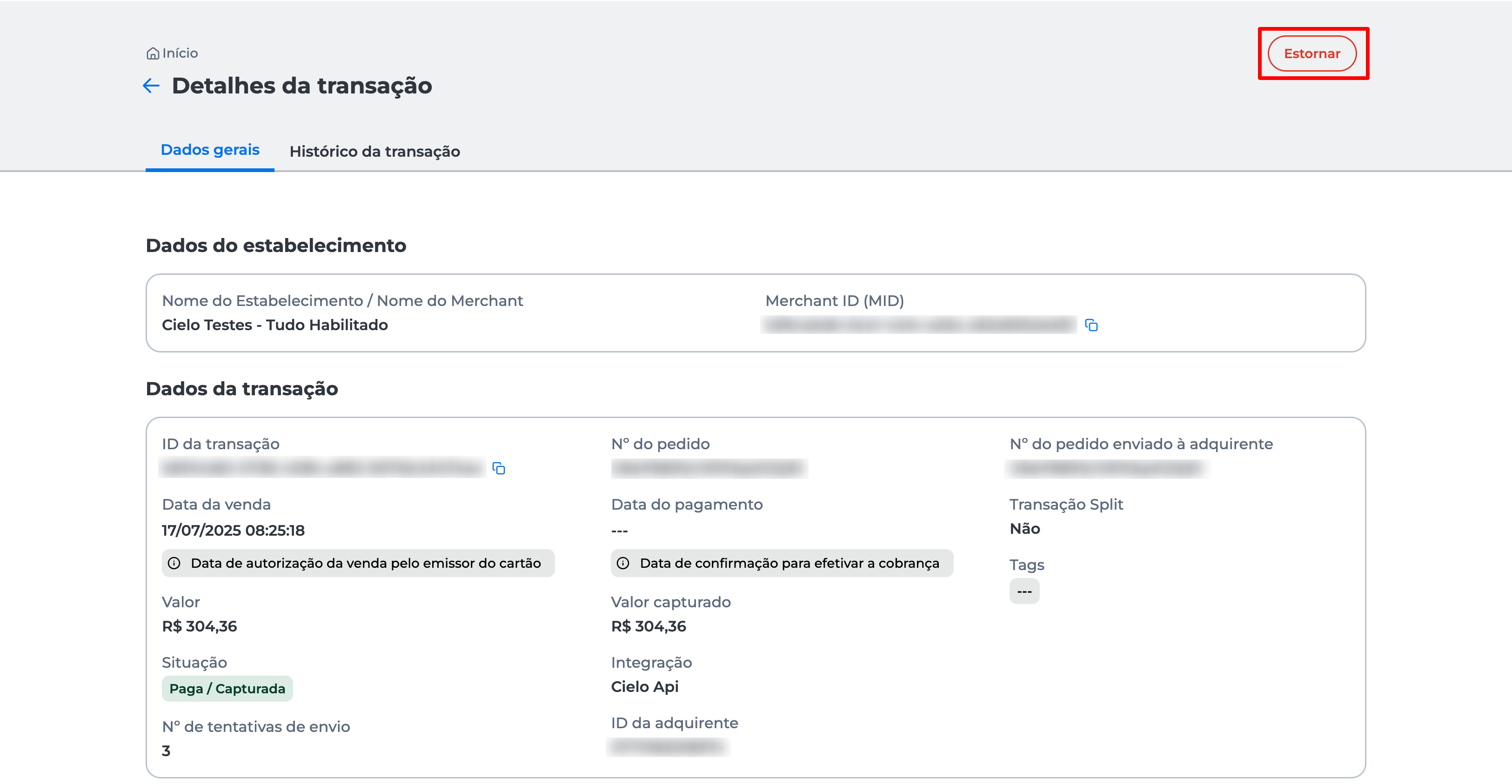 Tela de detalhes da transação com a seção "Dados gerais" visível; botão "Estornar" em destaque para iniciar o estorno.