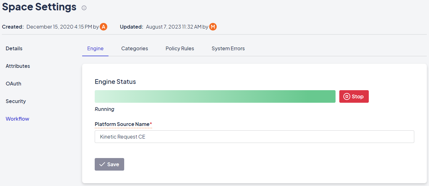 Workflows tab: Engine settings