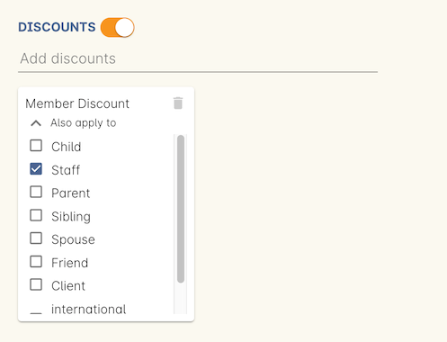 A membership discount policy that applies the discount to the staff members of the membership holder