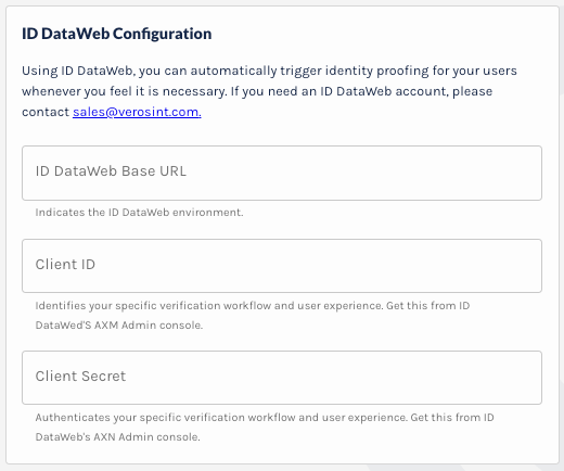 ID Dataweb Configuration on the Account Settings Page