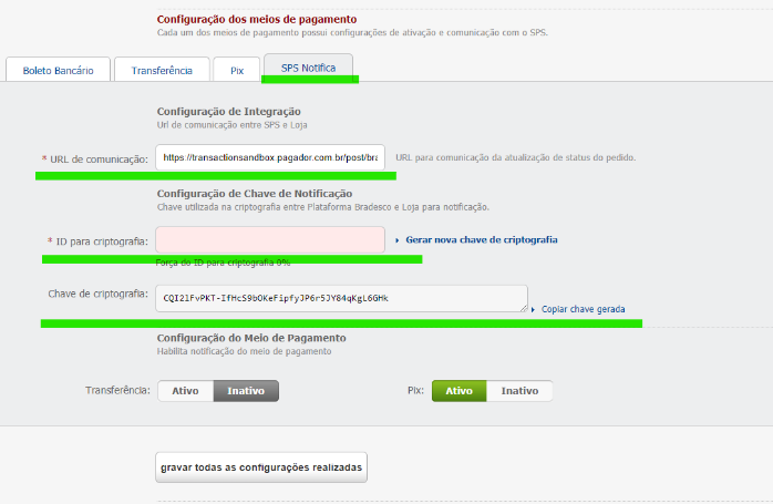 Tela SPS Notifica para cadastrar a URL de comunicação