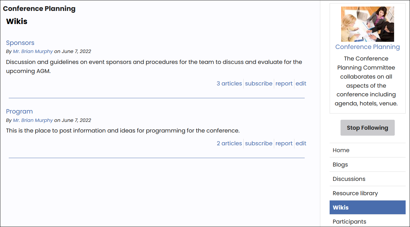 Example volunteer community page with wiki