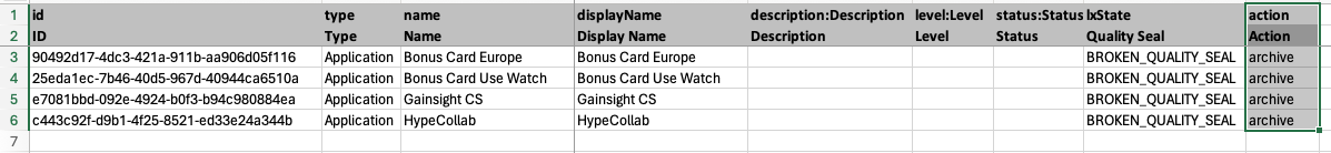 "Action" Column for Archiving Fact Sheets in an Excel Import Template