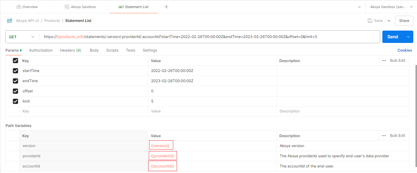 Postman screen - Statement list endpoint