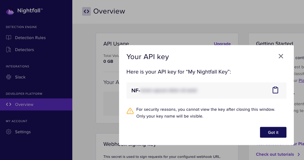 The "Your API key modal" pop up