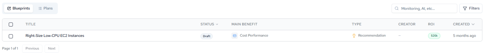 The Blueprints list in the Catio app, with Title, Status, Main Benefit, Type, Creator, ROI, and Created columns
