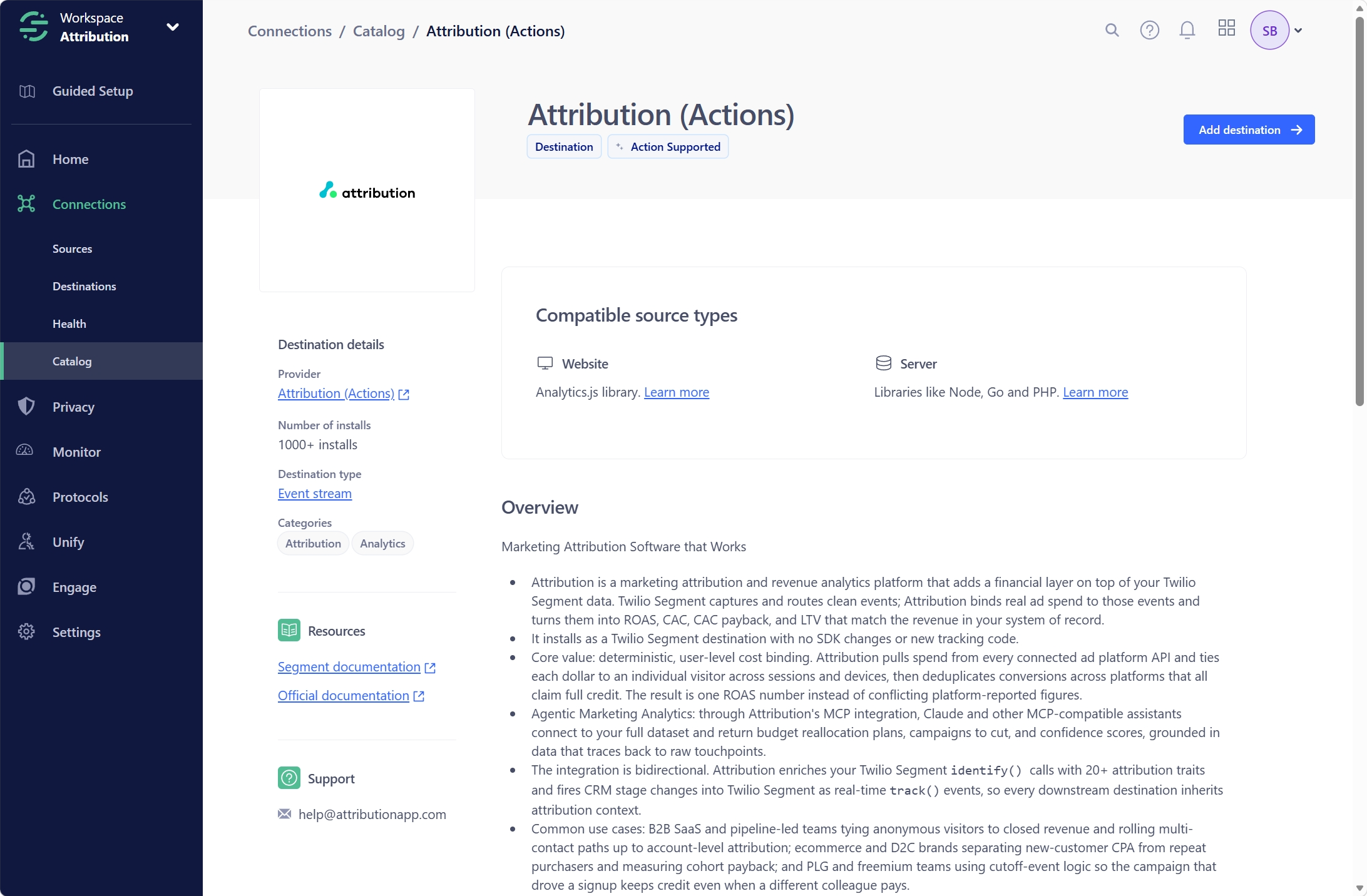 The Attribution (Actions) destination in the Segment catalog