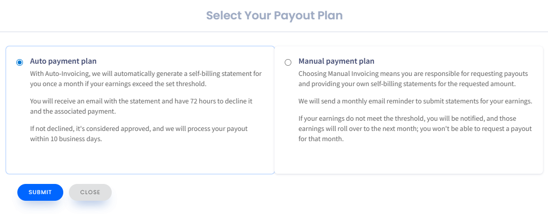 Screenshot of selecting payout plan