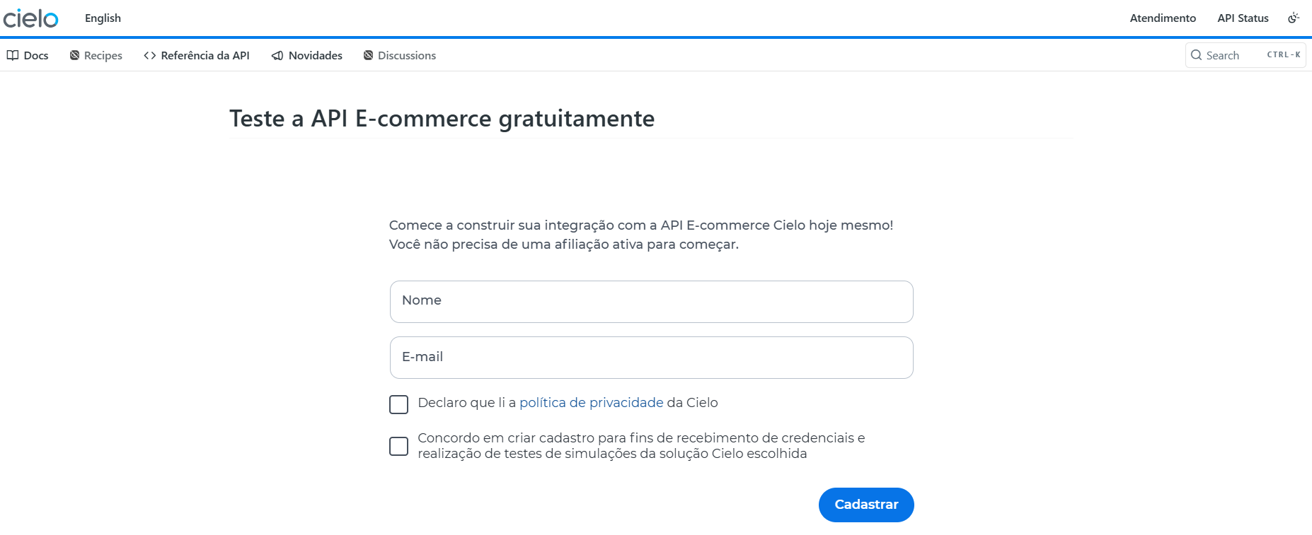 Página de cadastro para testar a API E‑commerce da Cielo, com campos de nome, e-mail e opções de consentimento.