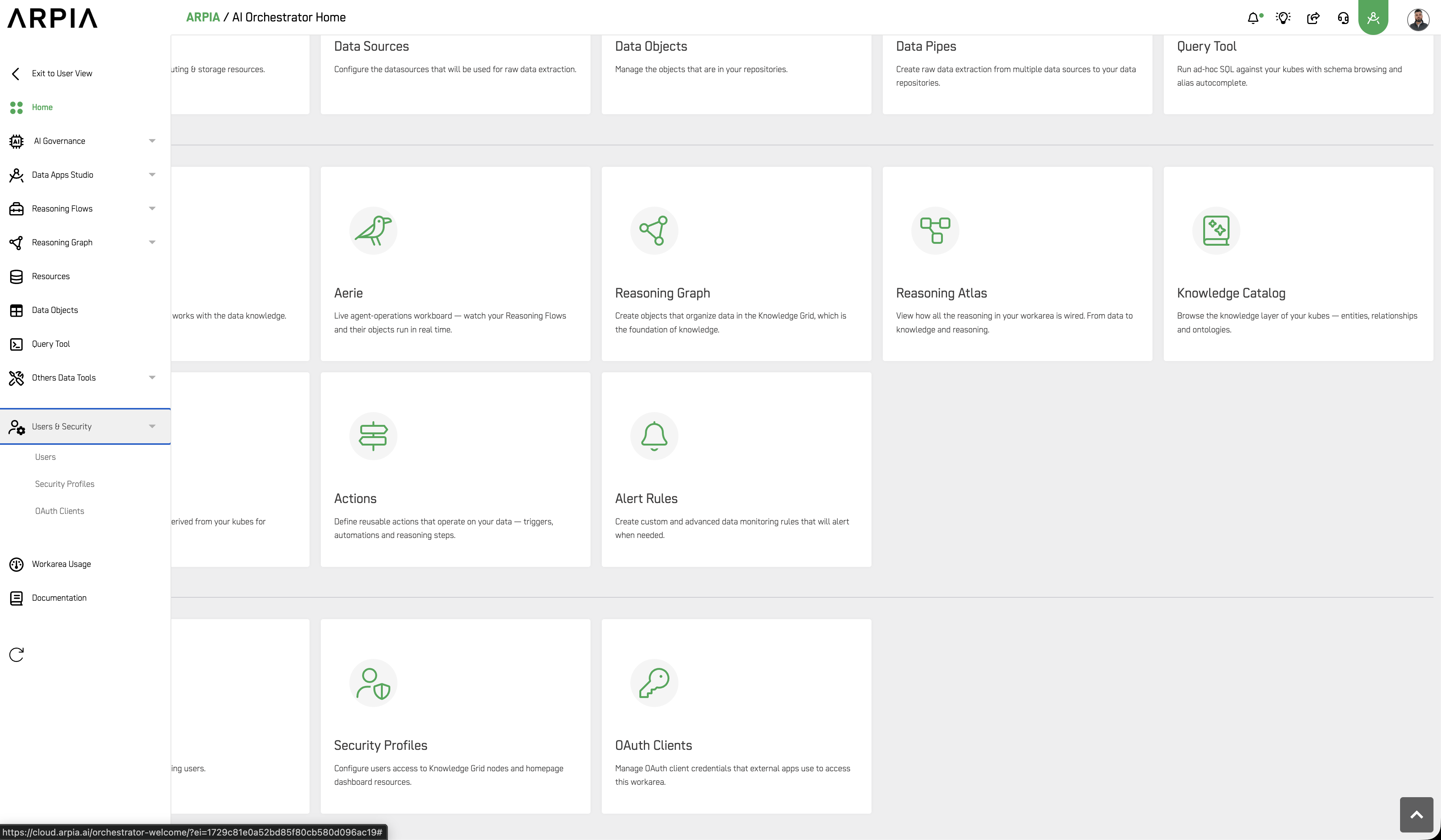 Side menu with Users & Security expanded showing Users, Security Profiles, and OAuth Clients