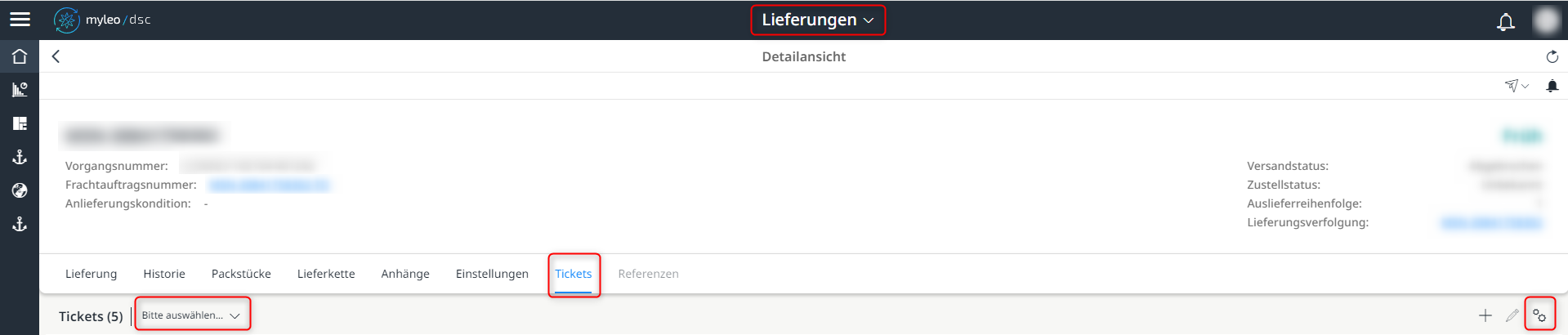 Varianten- und Filterauswahl sowie Tabelleneinstellungen innerhalb der Lieferungen App