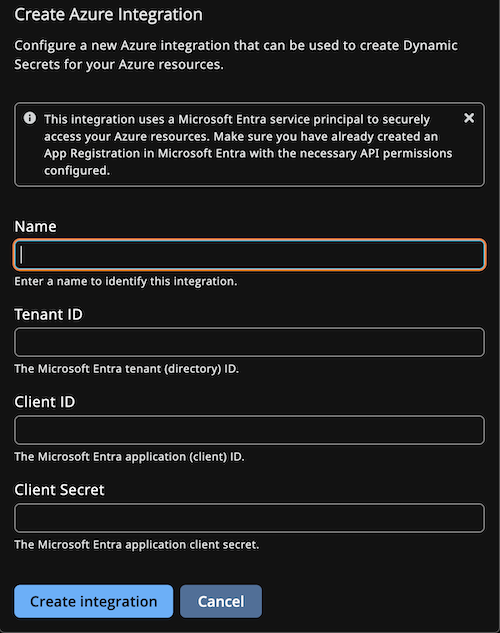 Create Azure Integration drawer with fields for Name, Tenant ID, Client ID, and Client Secret.