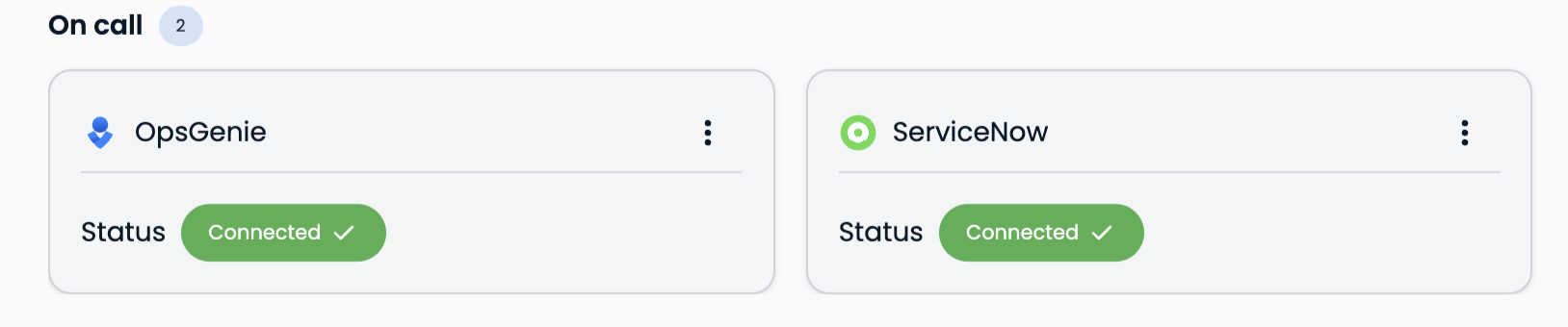 On call integrations panel showing two connected integrations: OpsGenie and ServiceNow, both with a green 'Connected' status badge.