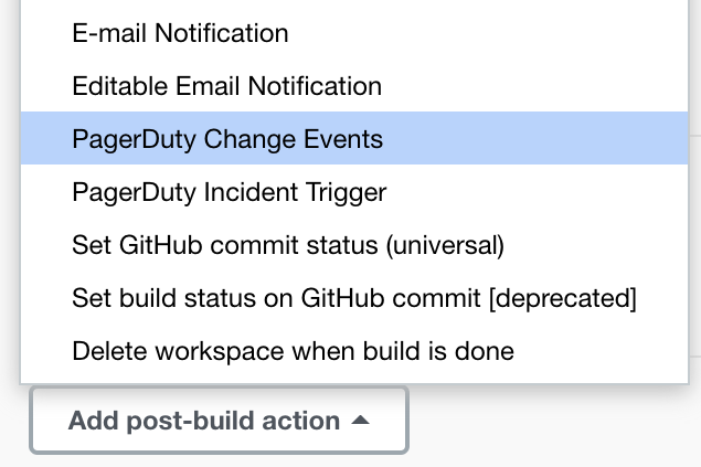A screenshot of the Jenkins UI showing where to select "PagerDuty Change Events"