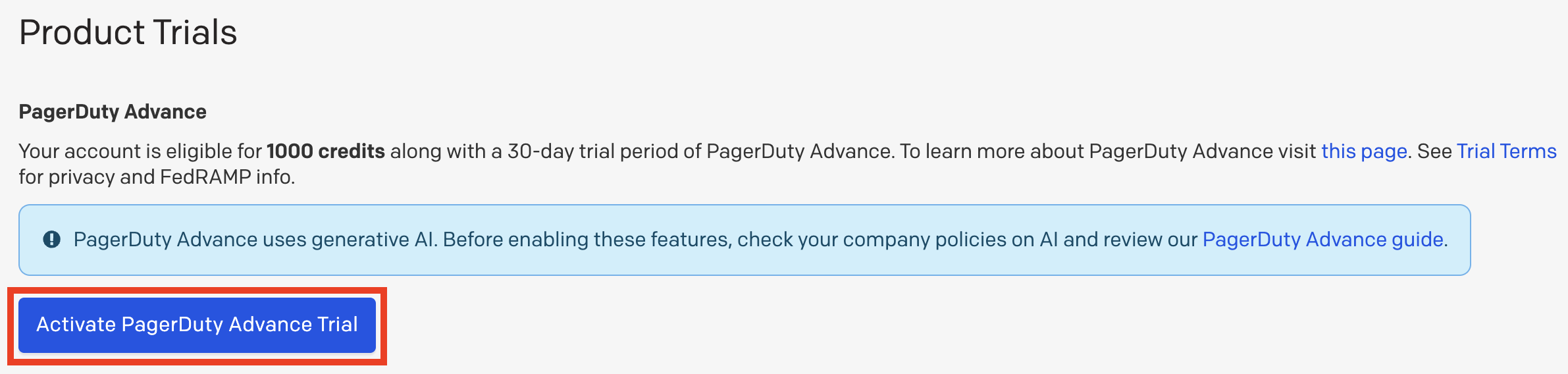 A screenshot of the PagerDuty web app showing how to activate a PagerDuty Advance trial