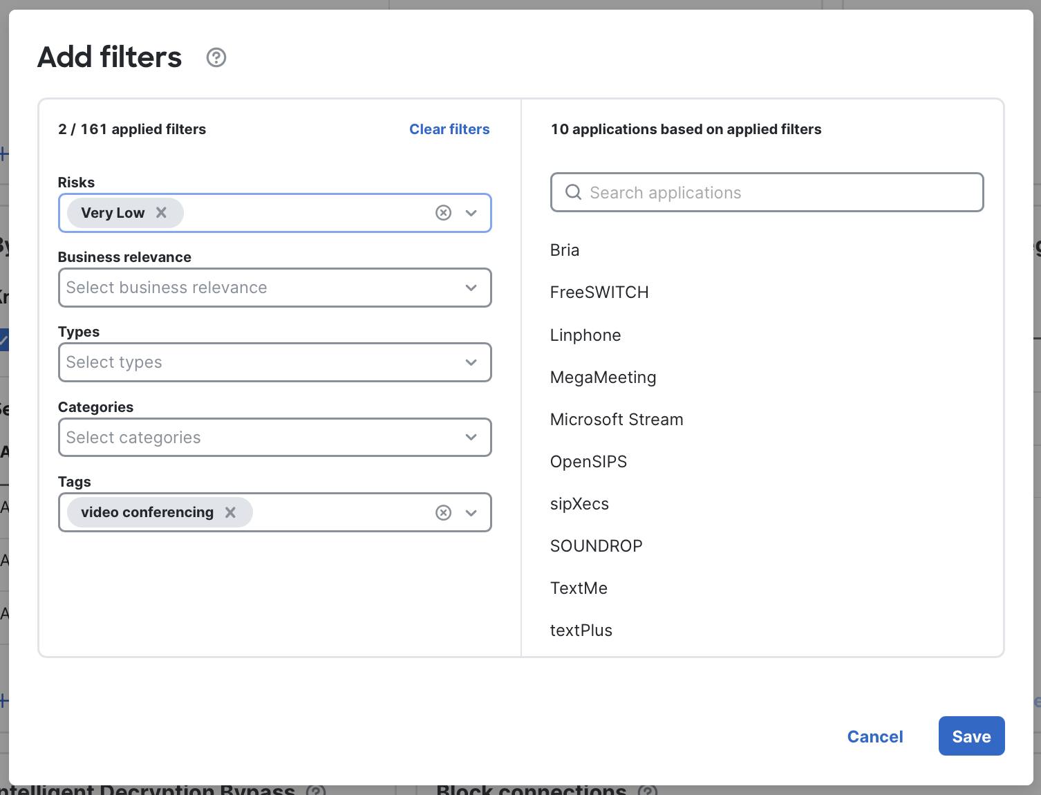 Selecting criteria for an application filter