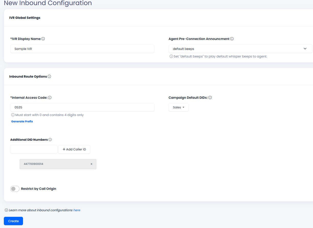 Screenshot of the inbound configuration settings