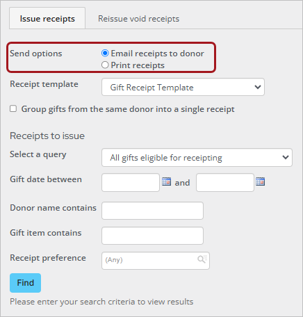 Issue receipts window with box around the send options