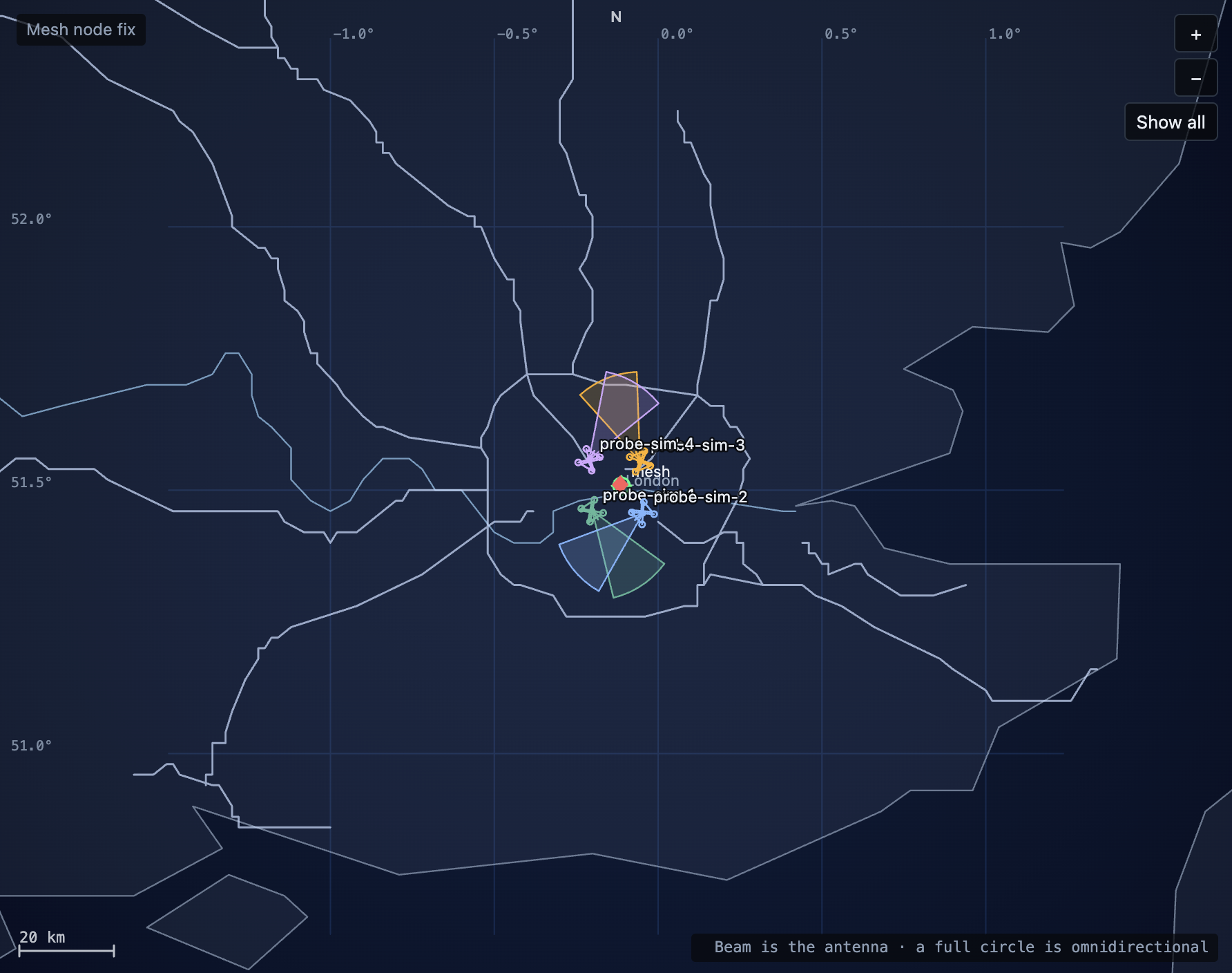 The map, with zoom, Show all, the scale, and the antenna legend.