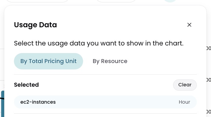 View Usage dropdown showing selected resource with Clear button