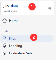 Navigation bar in deepset Cloud with the workspace switch marked as number one and the Files option marked as number two.
