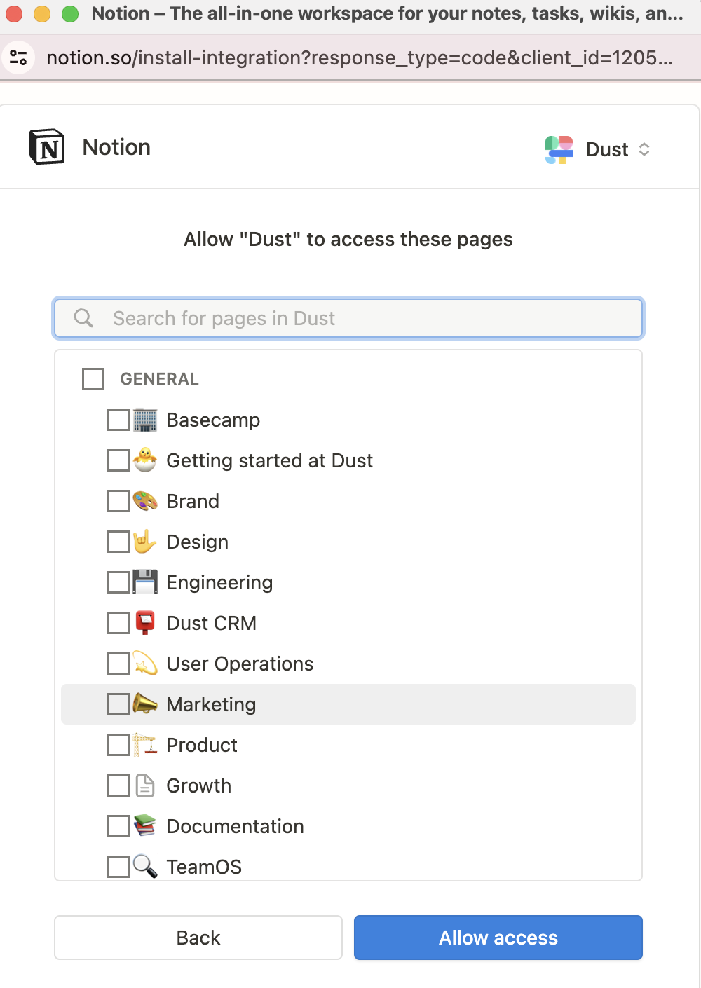 Notion modal, to select the data you want to sync with your Dust workspace.