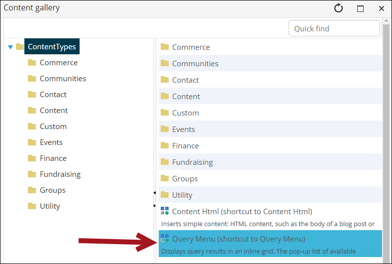 Double clicking the query menu content item
