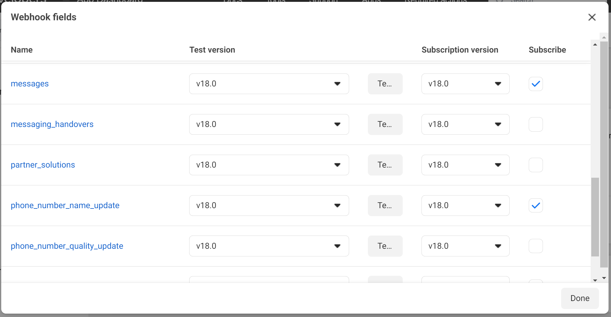 Screenshot of the **Webhook fields** window