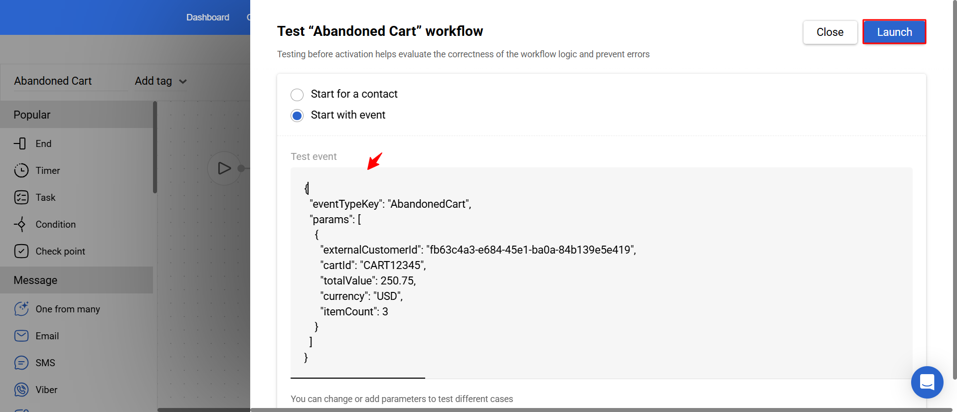 Paste the event parameters