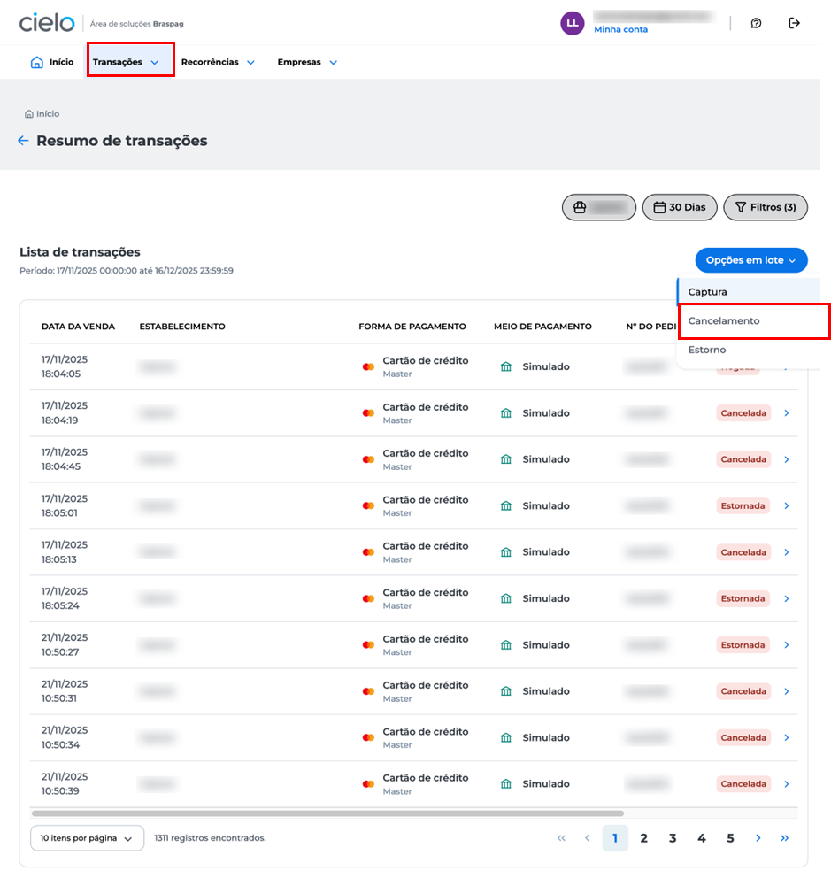 Tela do Portal E-commerce mostrando lista de transações e menu “Opções em lote” aberto com a opção “Cancelamento” destacada.