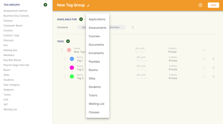 Configuring a tag and what it will be applied to within onCourse