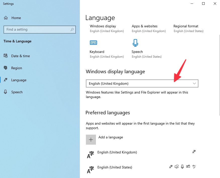 Changing language settings in Windows