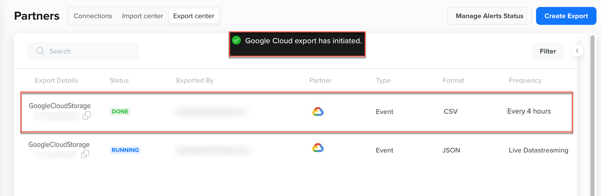 Google Export Initiated